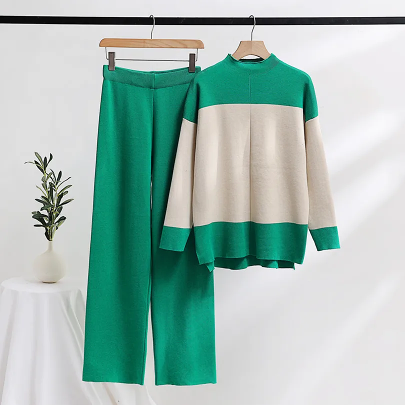 2023 Europe and America Autumn and Winter Casual Contrast Color Set Knitted Sweater Wide Leg Pants Women's Two Piece Set