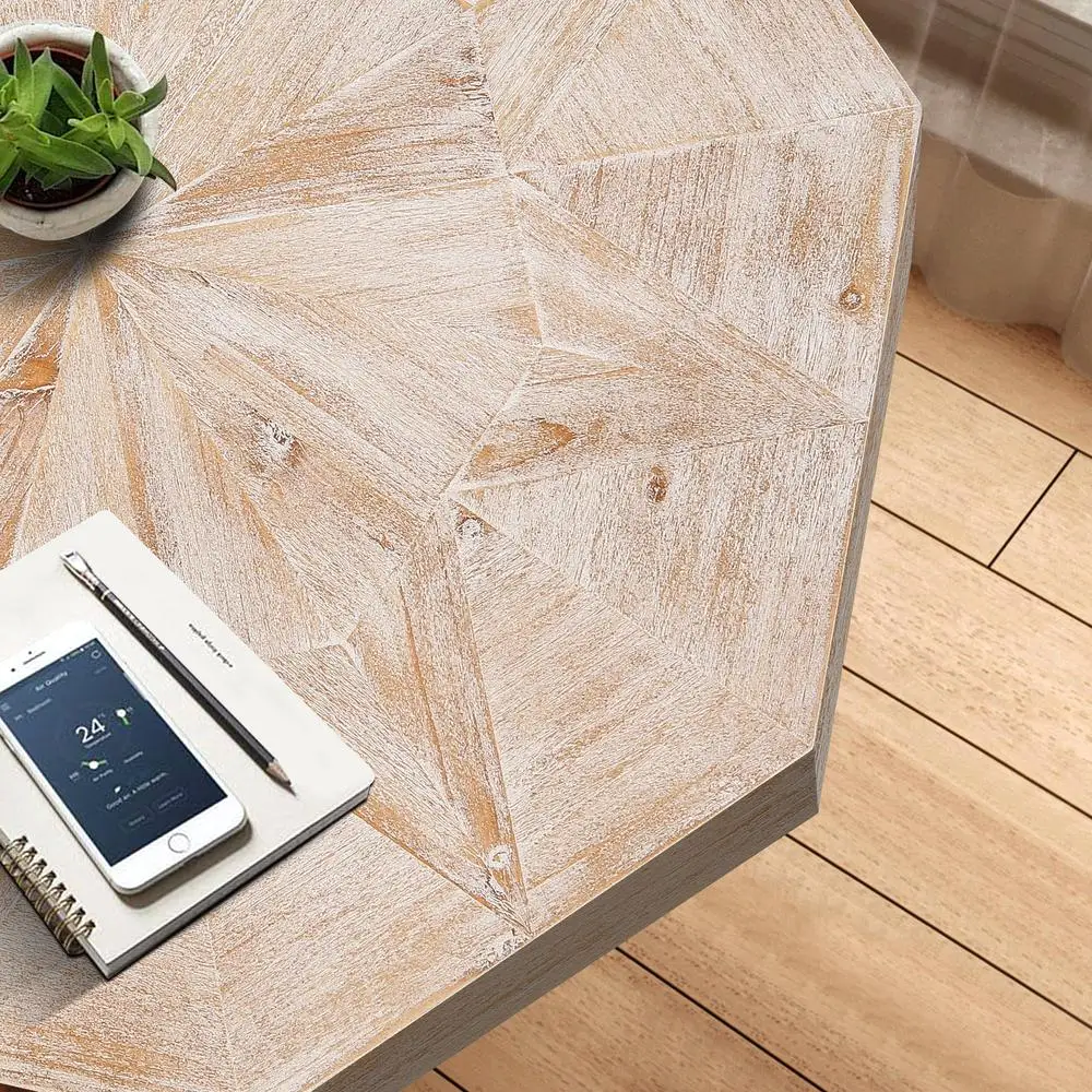 Ośmiokątny drewniany stolik kawowy 76 cm w stylu patchworkowym, rustykalnym, z metalowymi krzyżowymi nogami, antyczny drewniany stolik akcentujący do salonu.