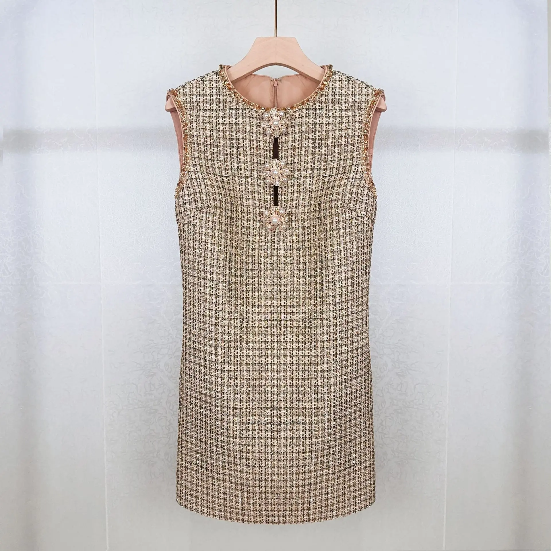 

Short Robes for Women 2024 New Spring Summer Tweed O-neck Slim Waist Casual Sleeveless Tanks Dress