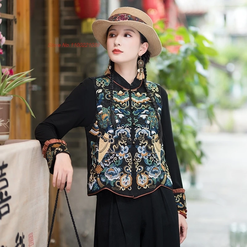 

2025 китайский винтажный жилет в стиле ретро, куртка без рукавов, национальная цветочная вышивка, атласный жаккардовый жилет с воротником-стойкой, этнический народный жилет