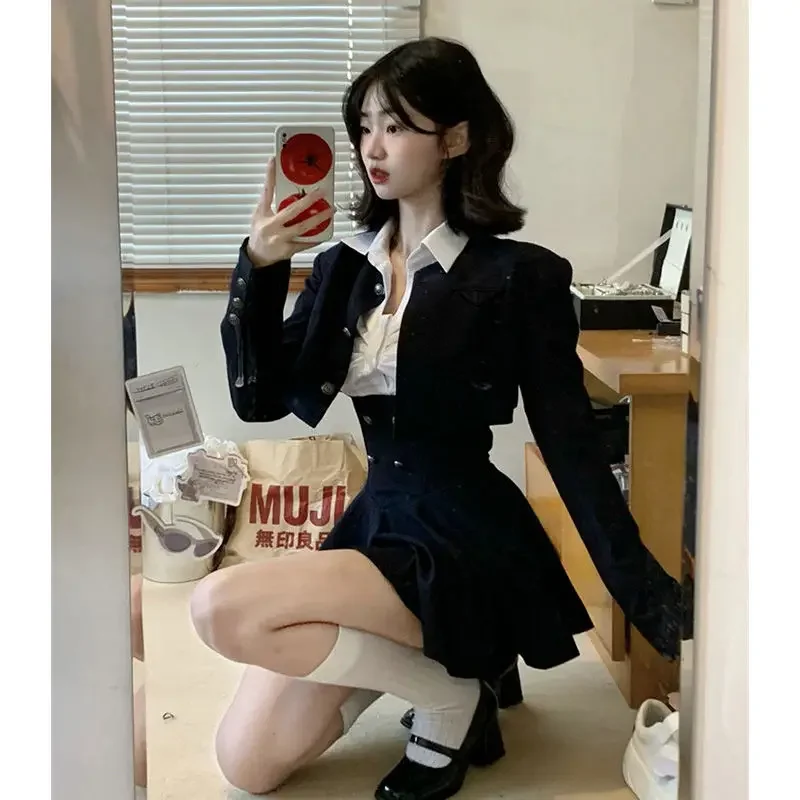 Preppy Style Vintage Fashion Suit Woman White Shirt + Short Coat High Waist Slim Y2k Mini Dress Japanese Elegant Set 2024 Chic