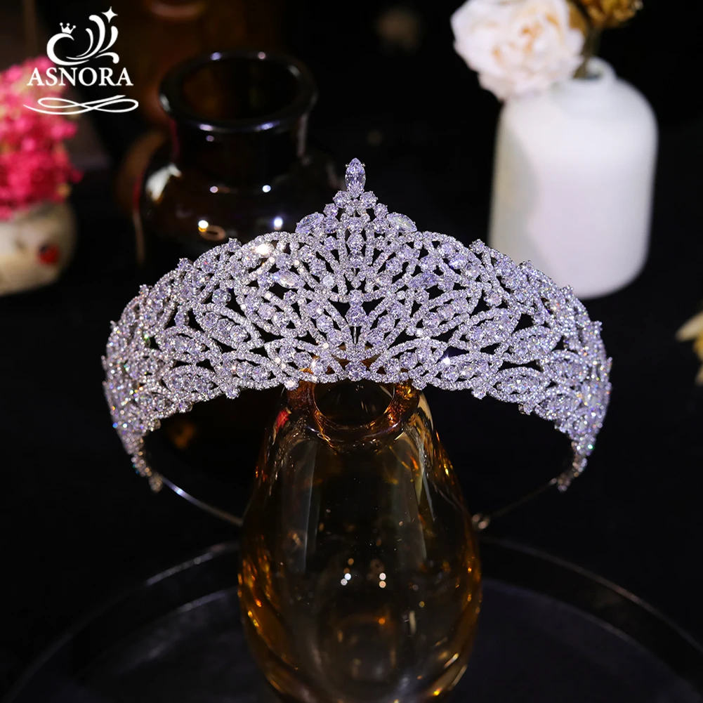 

ASNORA Luxury 3A Zircon Queen Crown For Women Wedding Headband Bride Head Tiara Shining Leaf Crystal Engagement Big Diadems