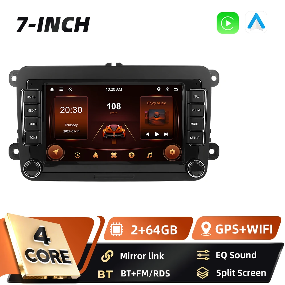 Podofo 7-Zoll Android 2Din Autoradio für VW POLO Seat Altea JATTA PASSAT GOLF mit Carplay, Android Auto, GPS-Navigation, DSP, BT, FM, RDS