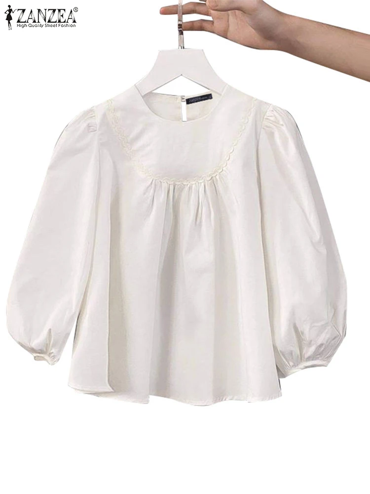 Moda coreana blusa sólida zanzea vintage renda costura camisa sweety feminino puff 3/4 manga topo férias fino início do outono túnica