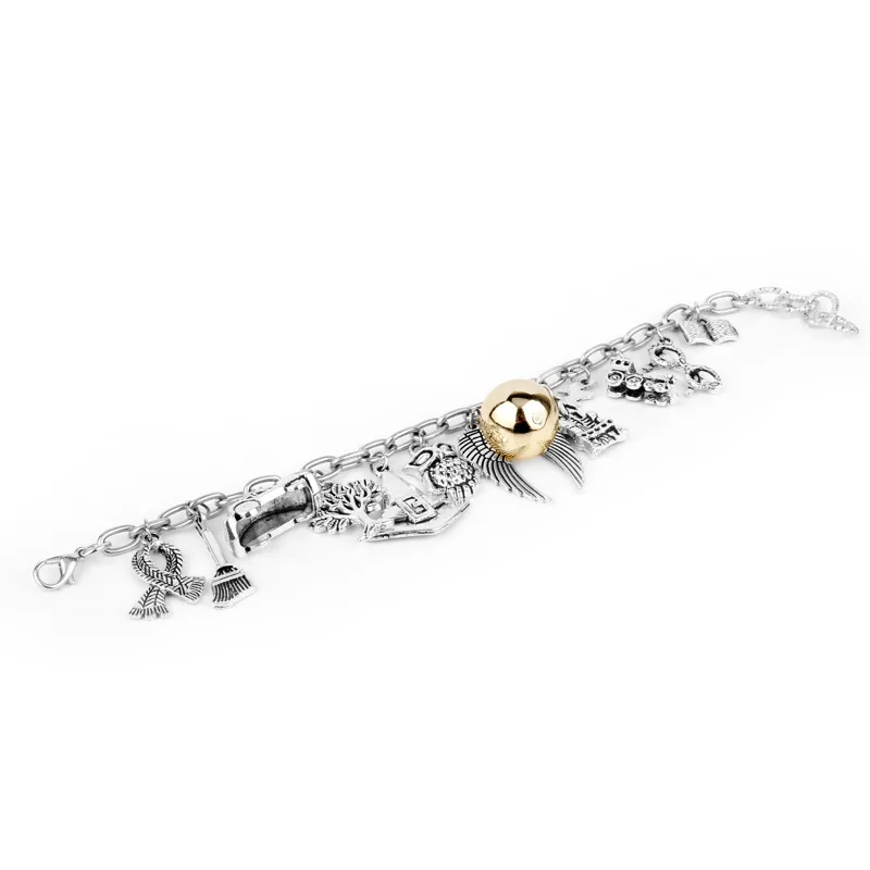 Pulsera escolar de magia de película para mujer, sombrero de búho dorado, colgante de escoba para coche, joyería, pulseras de aleación, juguetes de regalo