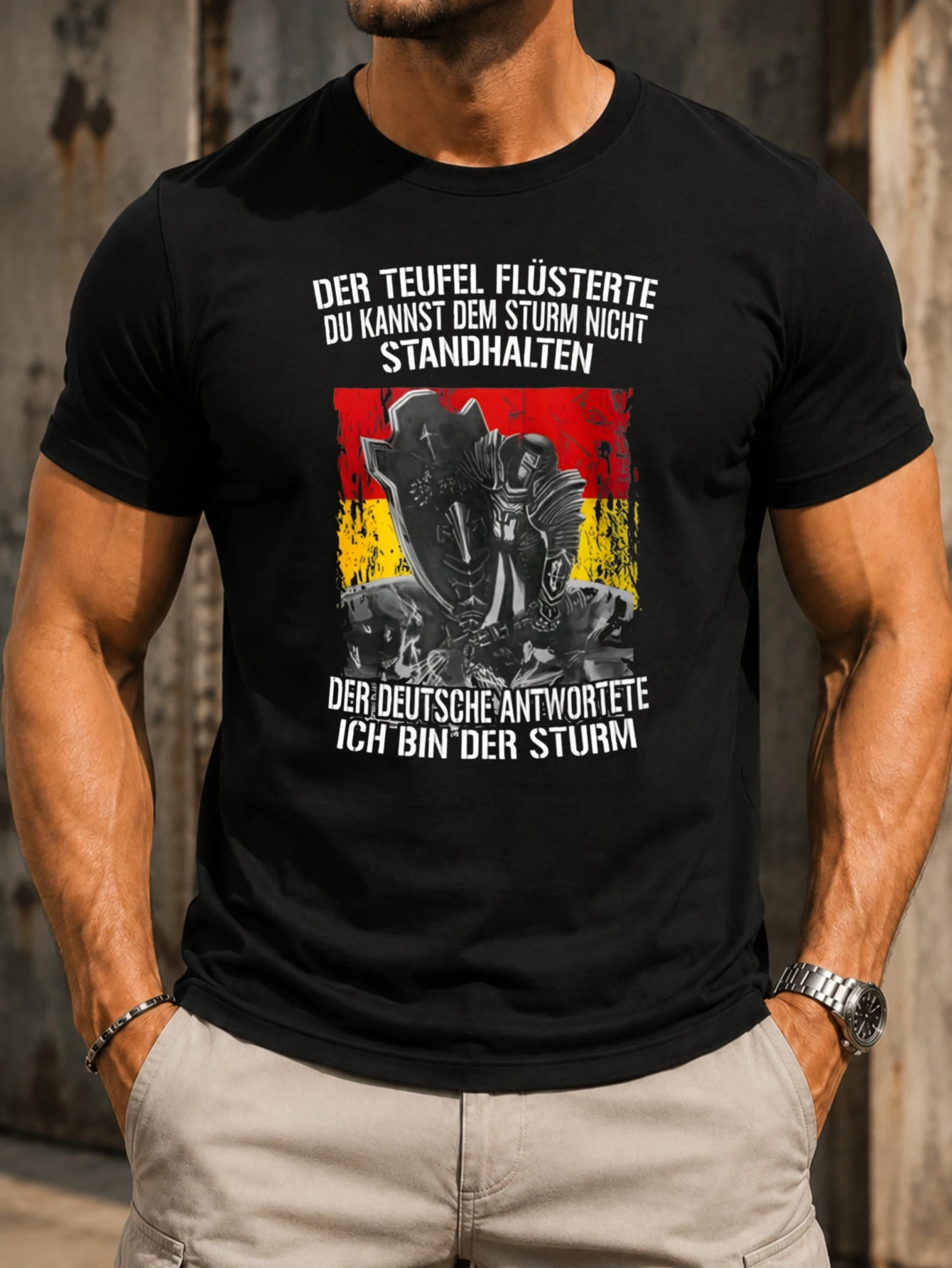 German I Am the Storm warrior slogan with armored knight and Graphic featuring a bold illustration  Unisex All T-Shirt