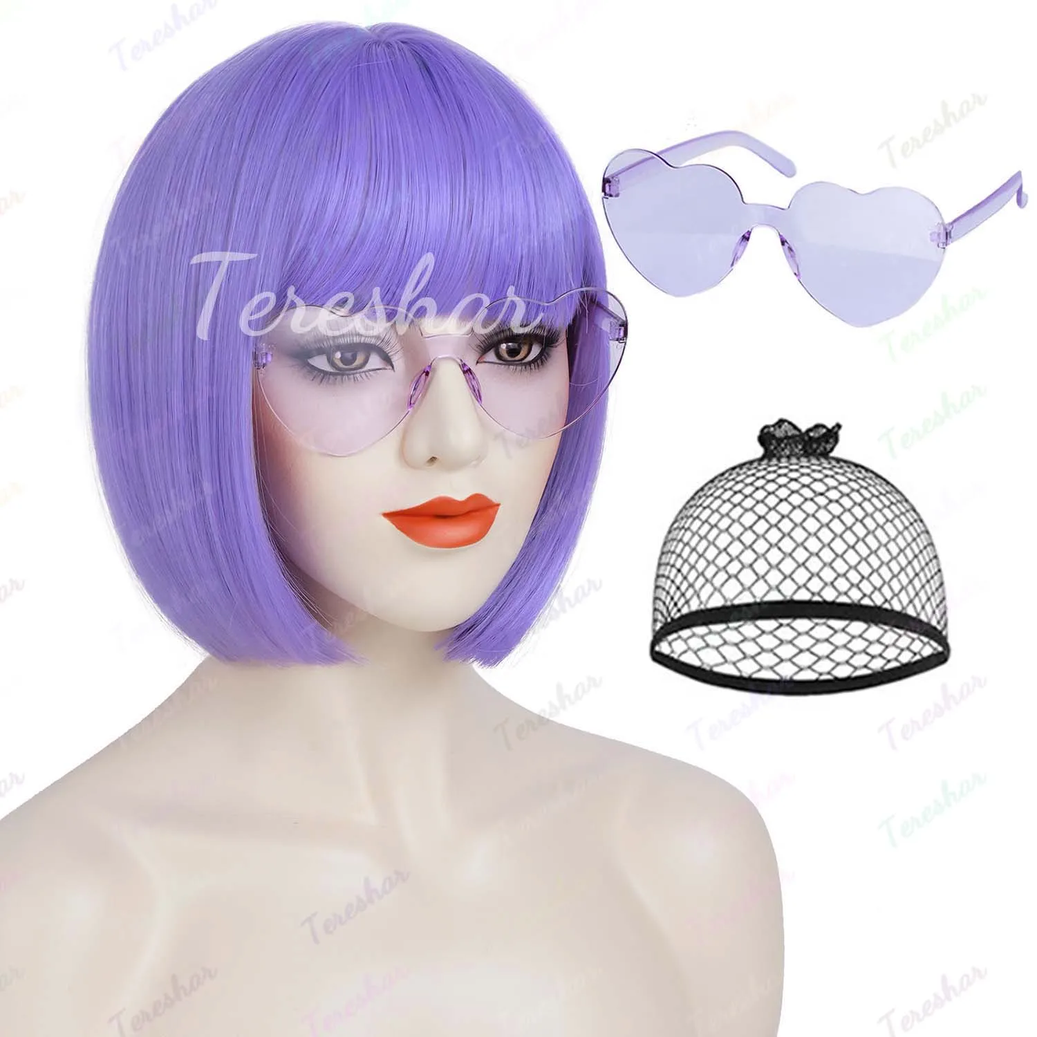 Women Light Purple Heat Resistant Synthetic Bob Party Neon Wig Bangs 12 Inch Short Neon Rainbow Wig With Bangs 10 Inch Colourful Bob  main image 4