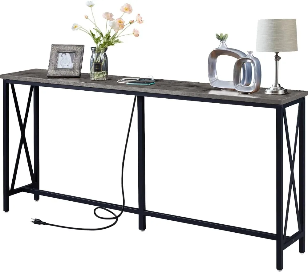 SUPERJARE 70 Inch Console Table with Outlet, Extra Long Sofa Table with Charging Station, Couch Table Behind Sofa