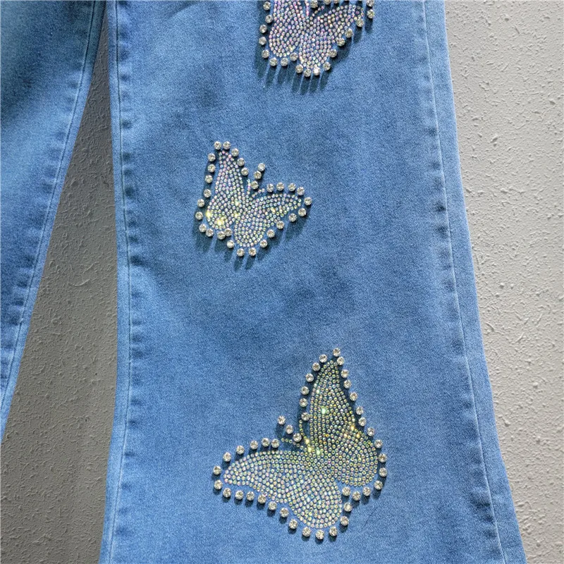 New Casual Hot Diamond Beads Butterfly High Waist Elastic Jeans Women's Wide Leg Floor Pants Summer 2025 Trendy Loose Trousers