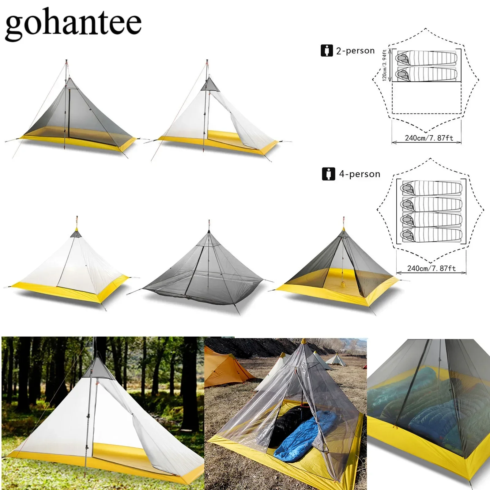 

Ultralight Camping Tent 2-4 Person Outdoor 40D Nylon Silicone Coated Rodless Pyramid Large Tent Breathable 3-4 Season Inner Tent