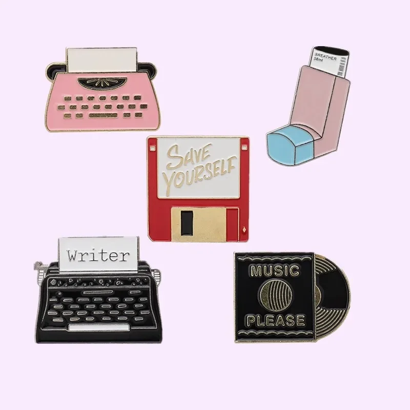 Wholesale Classic CD Breather Inhaler Memory Card Printer Machine Fax Enamel Pins Brooches Lapel Pins Cartoon Gifts for Friends