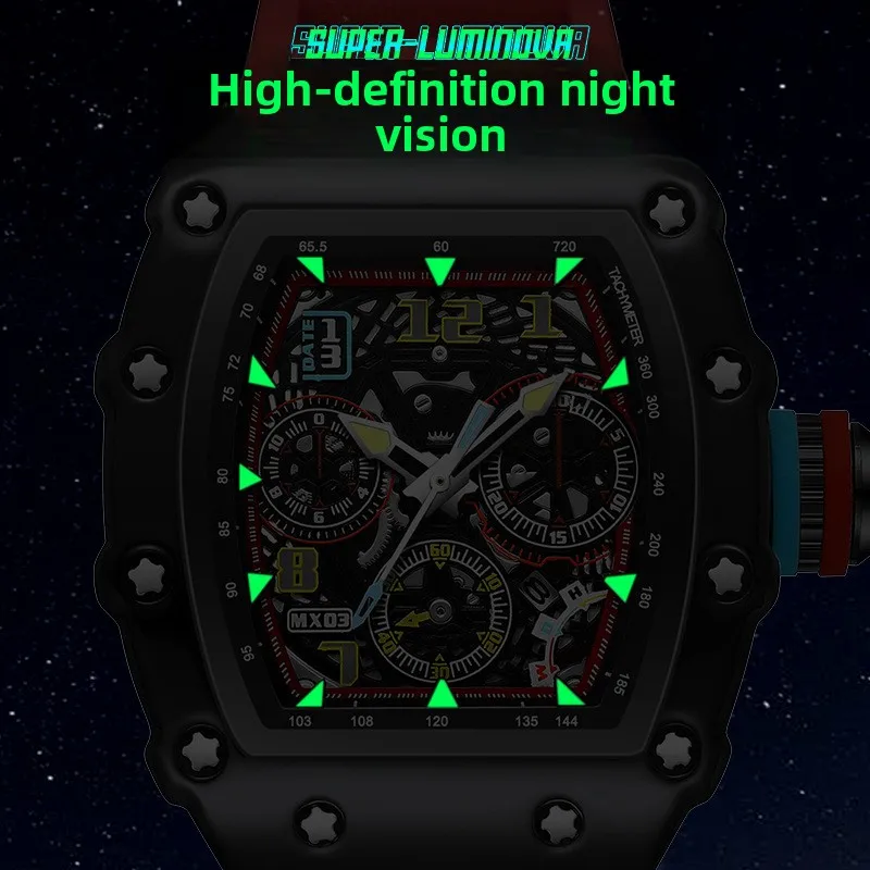 HUIBAOGE Classic Fashionable Barrel-Shaped Hollow Faux Mechanical Watch for Students, Men's Richard Luminous Calendar Watch
