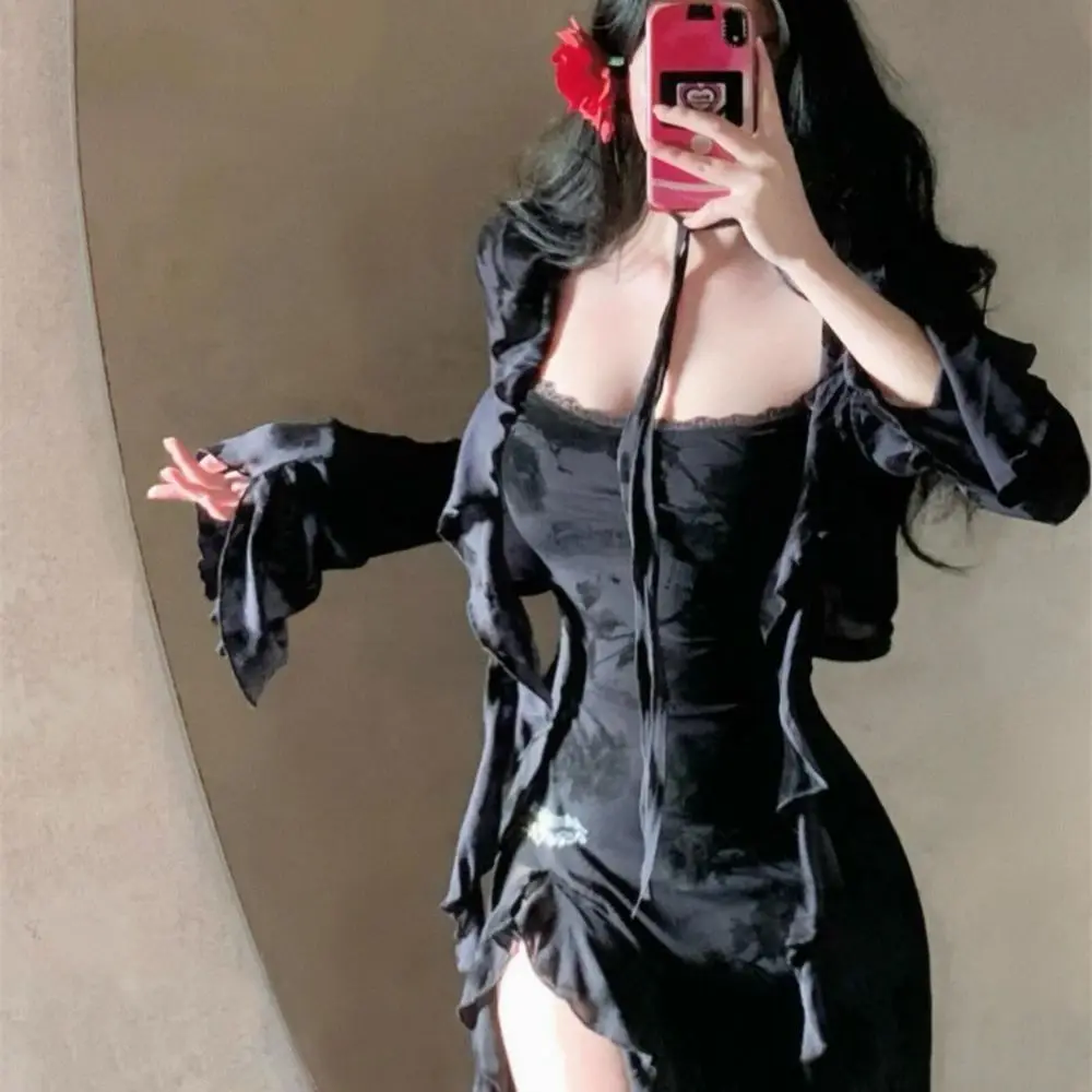 

Dark Academia American Grunge Subcultural Shawl Jacket Black Camisole Dress Embroidery Y2k Sun Tops 2025 New Shirt