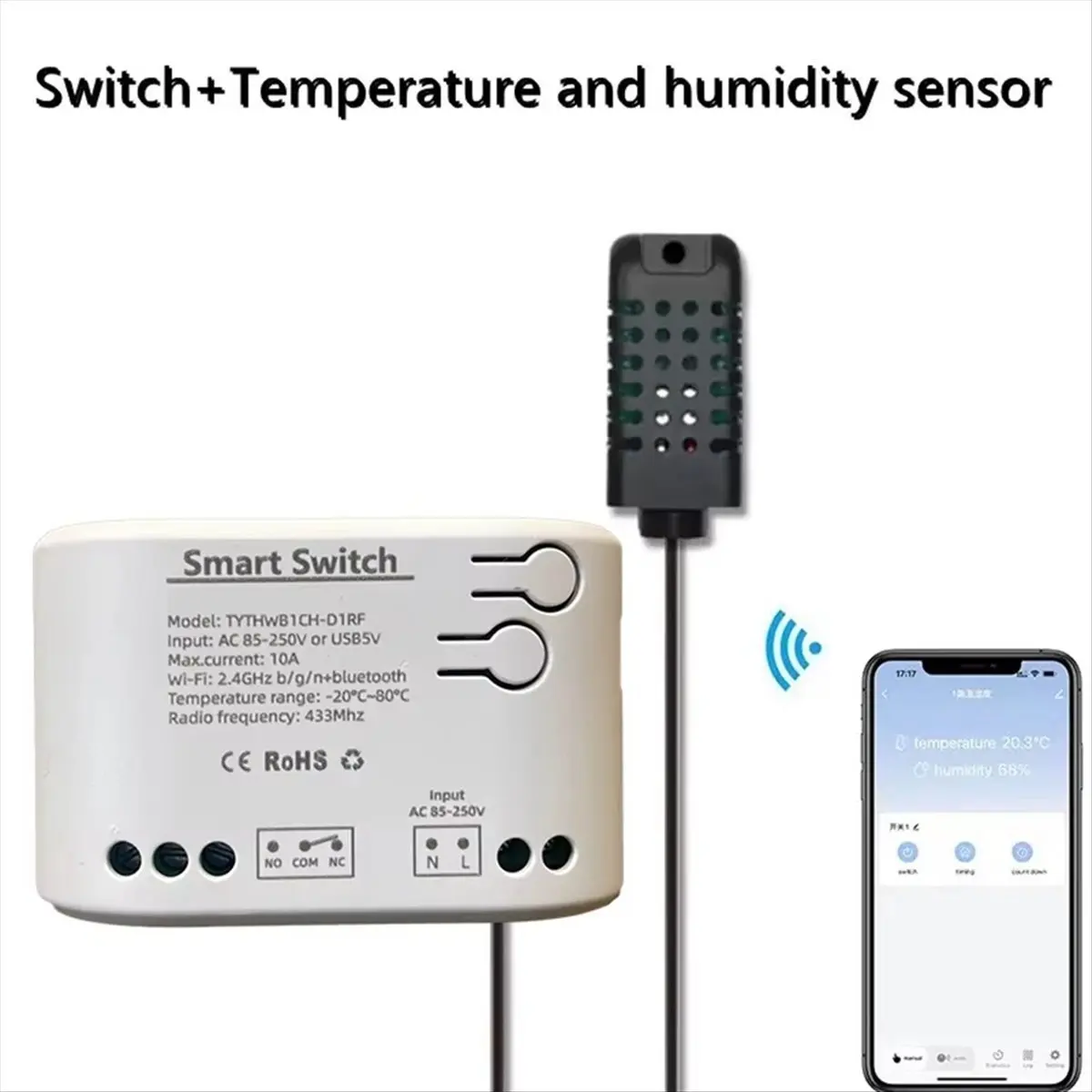 AB53 Tuya Smart Life WiFi Switch Relay Temperature Humidity Monitoring Thermostat Sensor Passive Dry Contact AC 85-250V