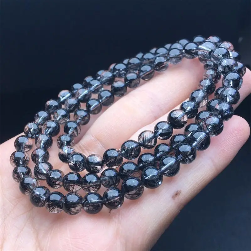 6MM Natural Black Hair Quartz Triple Circle Bracelet Healing Fashion Reiki Crystal Fengshui Jewelry Birthday Gift 1pcs