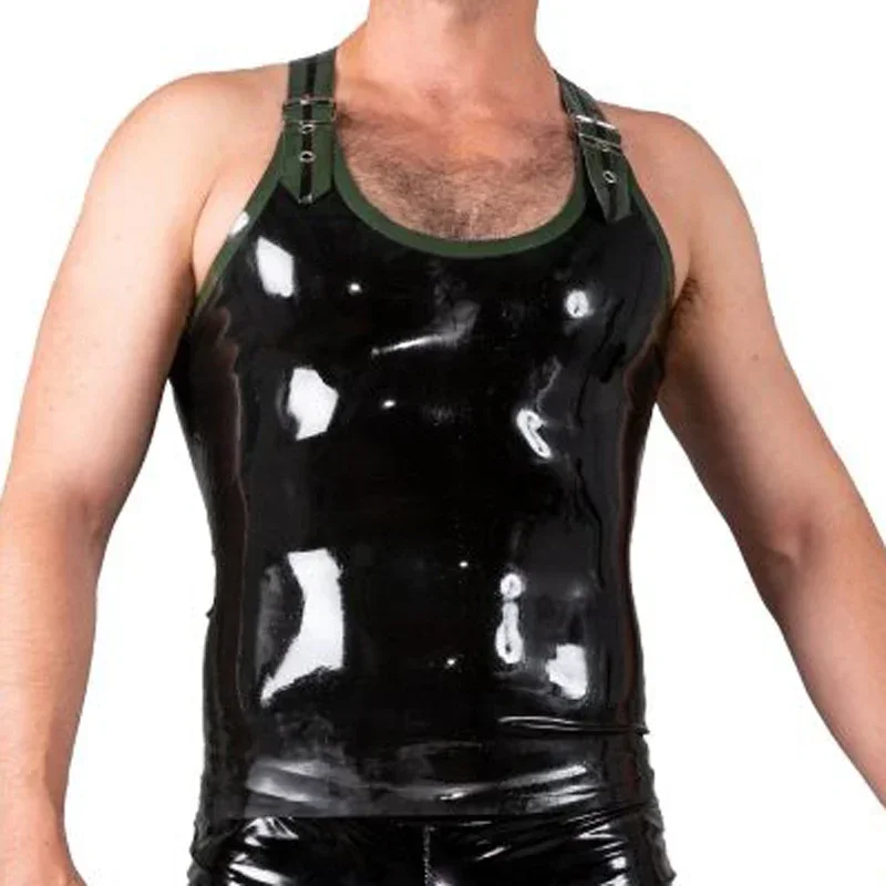 Black And Olive Green Trims Sexy Latex Shirt With Belts Buckles Sleeveless Rubber Clothing
