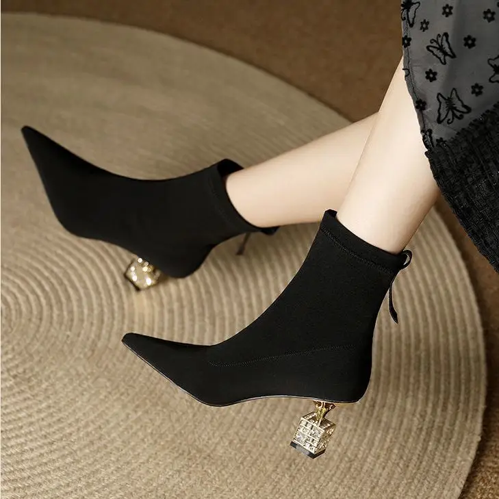 Rhinestone Heels Socks Boots Women Stretch Fabric Elastic High Heel Pointed Toe Ankle Boots Shoes Woman Botas Feminina