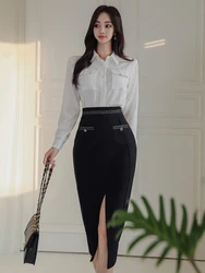 Fashion Work Style Lady Formal Commute 2 Pieces Outfits Women Clothes Elegant White Tops Shirt Blouse And Black Skirt Mujer Set