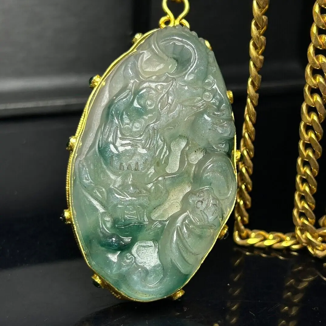 Certified Nature inlay ice Green jade Jadeite Carved Dragon Pendant&Necklaces imperial tablet to which students and officials we