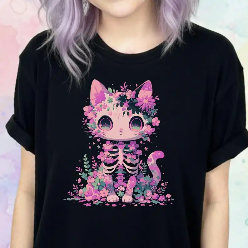 New Summer Style Pink-Purple Floral Skeleton Cat Print Street Fashion Loose Cotton Short-Sleeve T-Shirt FamilyMatching、kids