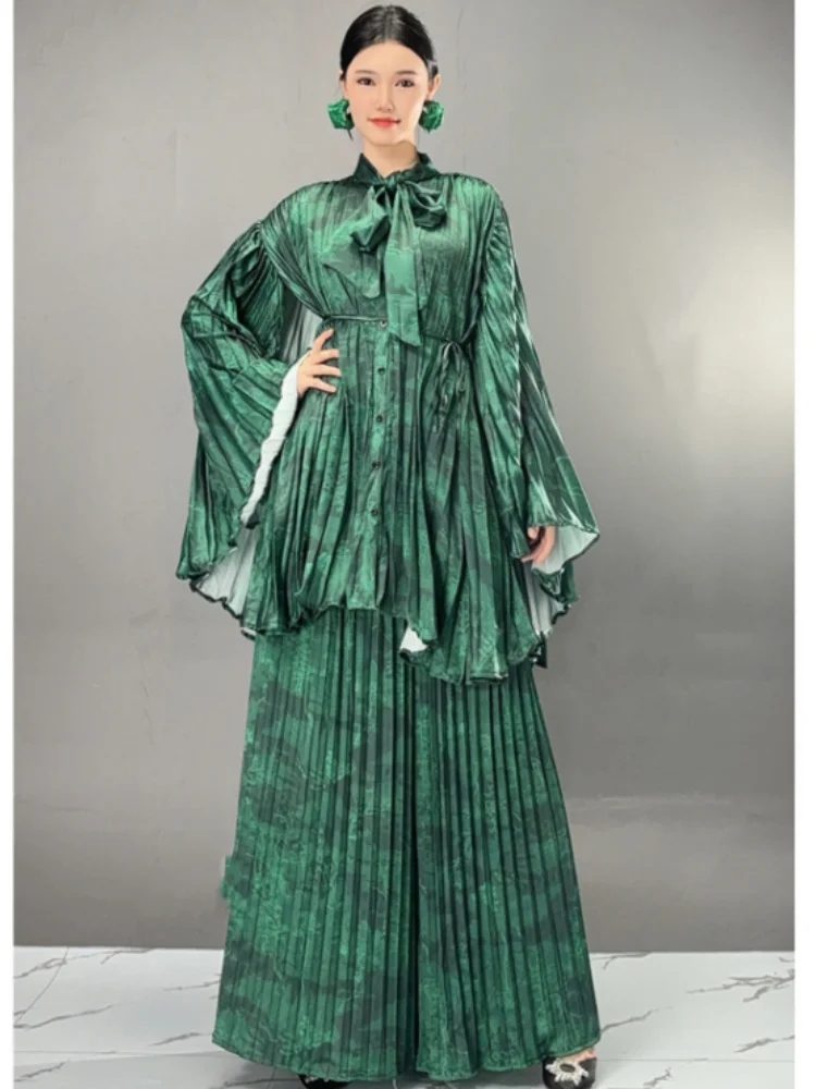 Vefadisa 2024 Autumn New Green Personalized Printed Women Matching Sets With Caped Long-sleeved Top Wide-leg Pants Suit ZXY954A