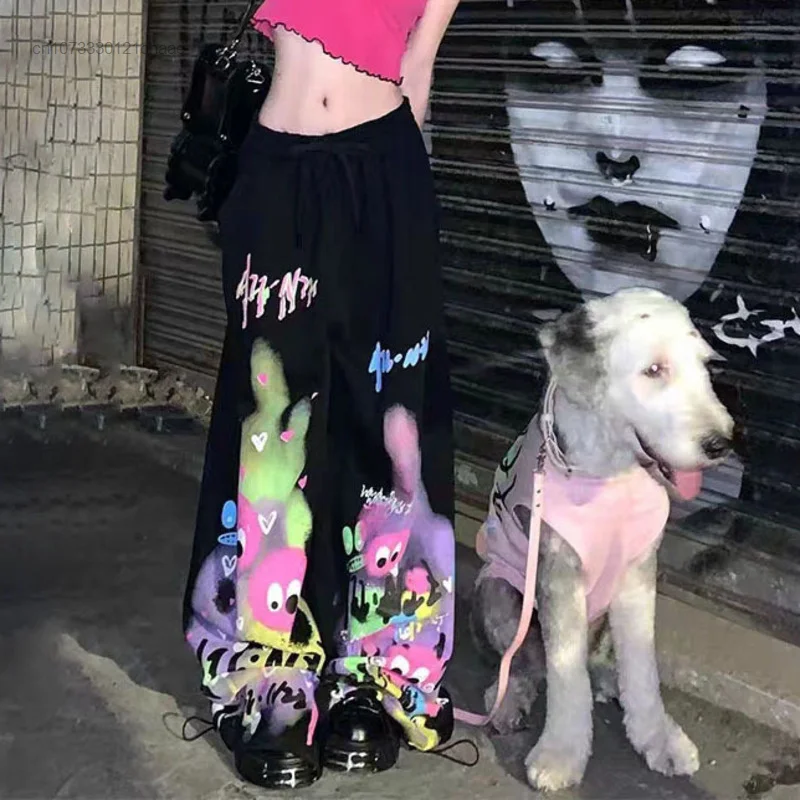 Calça de perna larga estampada com grafite feminino, Harajuku, cintura alta, cordão, calça solta, streetwear hip-hop, roupa coreana, nova, Y2k