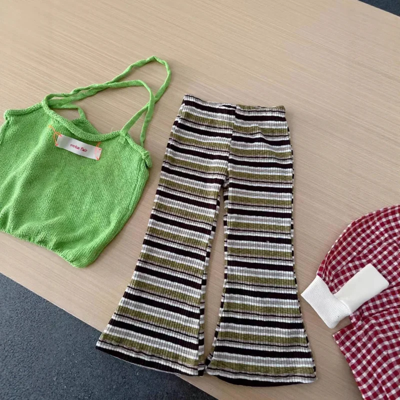 

Girls Cartoon Cat Bottoming Shirt Set Autumn2025New Style Children's Trendy Striped Flared Pants Two-Piece Set