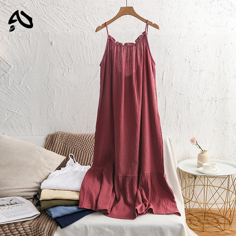 Original Muslin 100% Cotton Gauze Long Dresses For Women Adjustable Strap Sleeveless Ruched Holiday Boho Sundress Maxi Dress