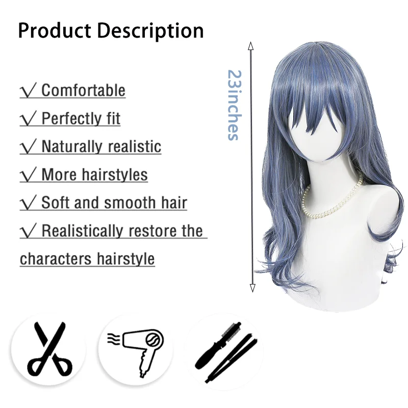 Asahi Rokka Cosplay Wig Blue Gray with Bangs Long Wavy Heat Resistant Synthetic Hair Simulation Scalp for Women Convention Party