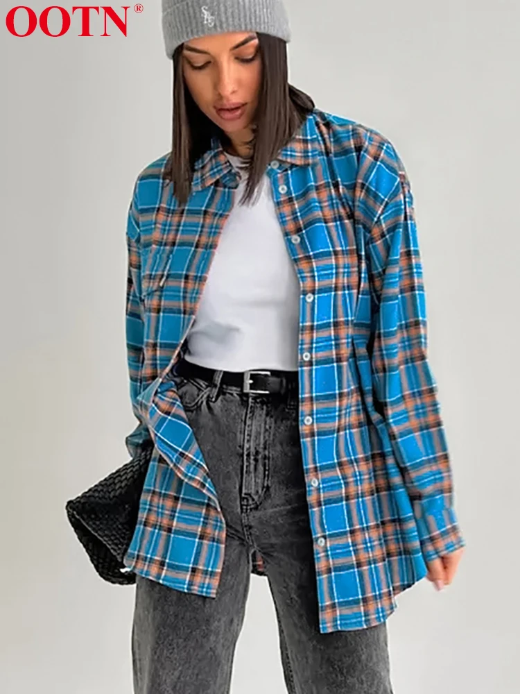 OOTN Vintage Plaid Shirts Long Sleeve Turn Down Collar Blouse Women 2024 Fashion Street Female Summer Casual Loose Ladies Tops