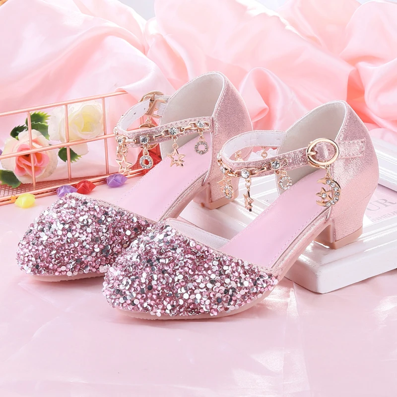 Children's high heels little girl show model catwalk host shoes evening dress white girl princess