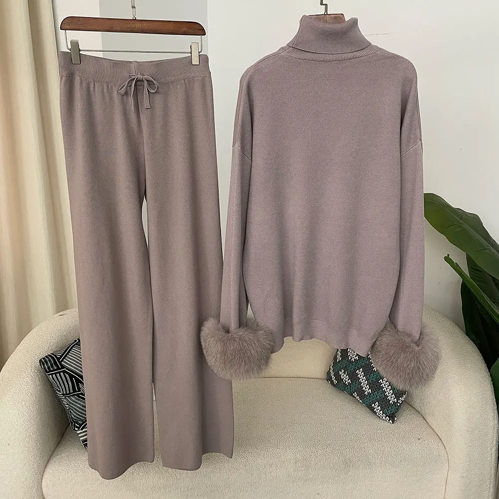 OFTBUY 2024 Neue Mode Herbst Winter Natürlicher Echter Fuchspelz-Manschetten-Mantel Gestrickter Pullover Damen Lange Hosen Set Jacke Dick Warm – Detail 4