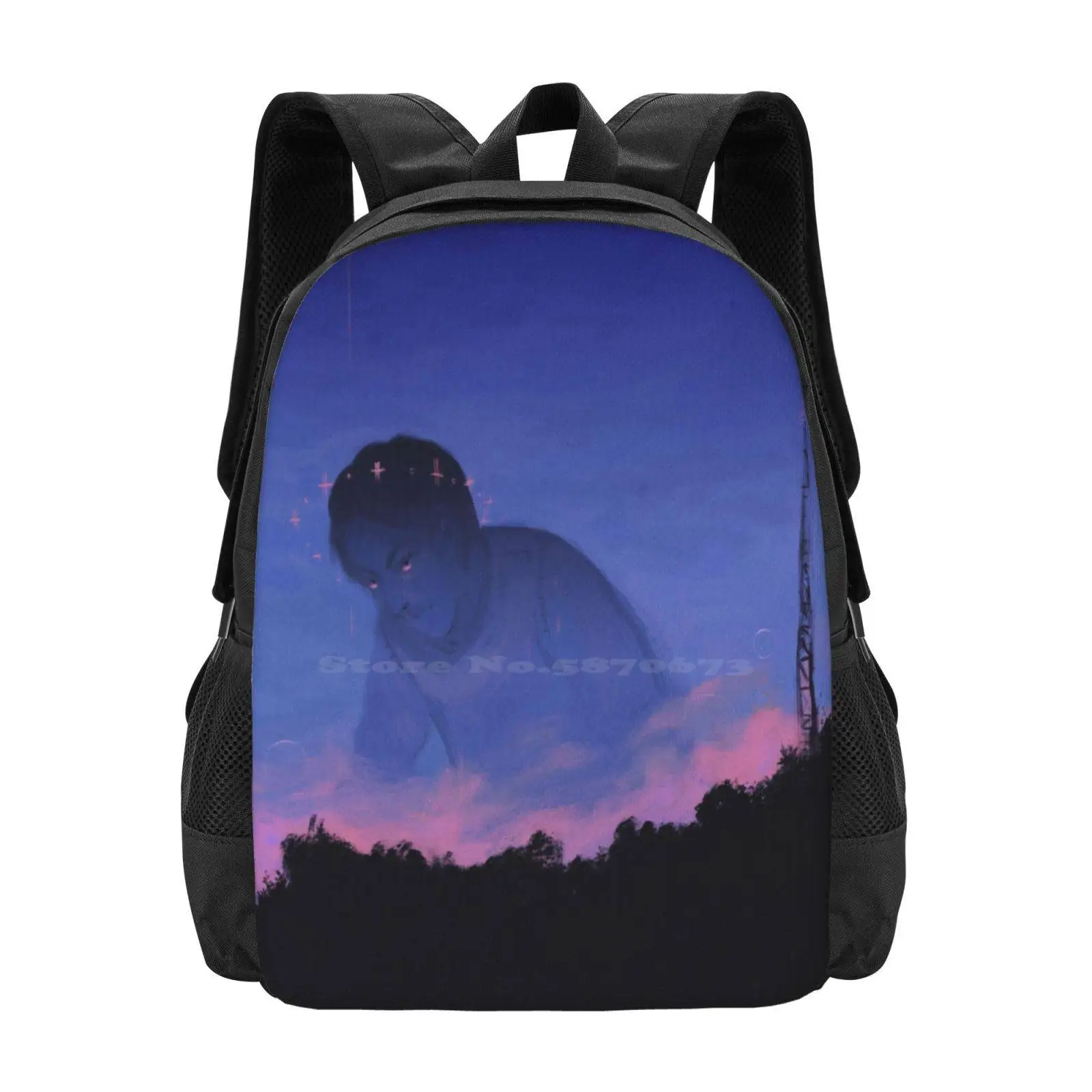 Rise Pattern Design Bag Student'S Backpack Dream Surreal Mountain Giant Cloud Radio Tower Doodle