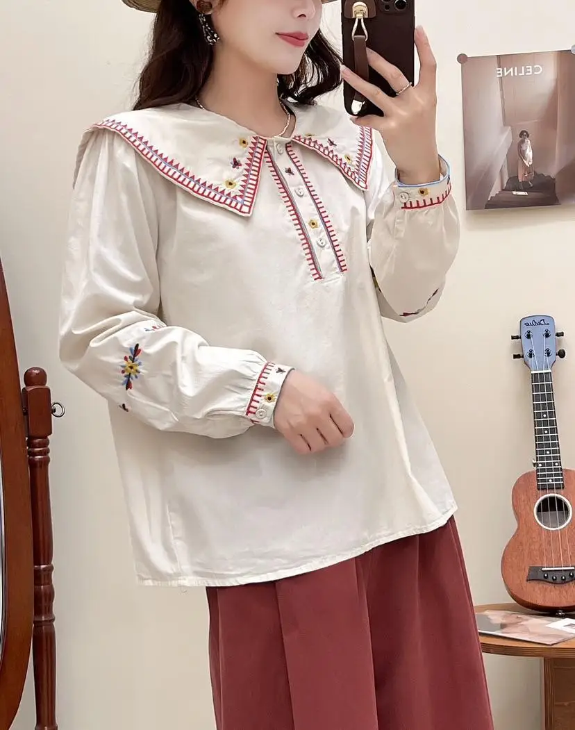 Mori kei clothing autumn women's long sleeve shirt Japan style embroider shirts and blouses lolita y2k stylish women's clothing