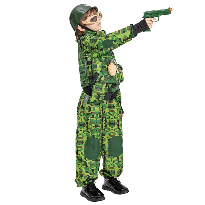 Boys Army Solider Halloween Fancy Dress Up Kids Special Forces Field Forest Camo Uniform Military Costume view 4