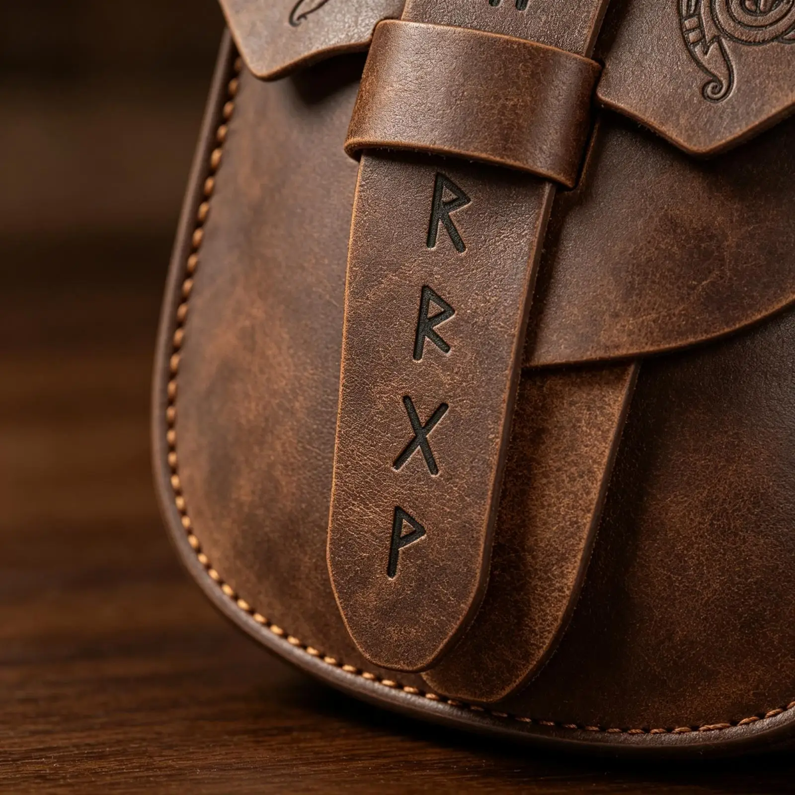 Wikinger-Ledergürteltasche, mittelalterliche Retro-Hüfttasche mit nordischem Runenmuster für LARP, Cosplay und Renaissance-Kostüme. – Detail 2