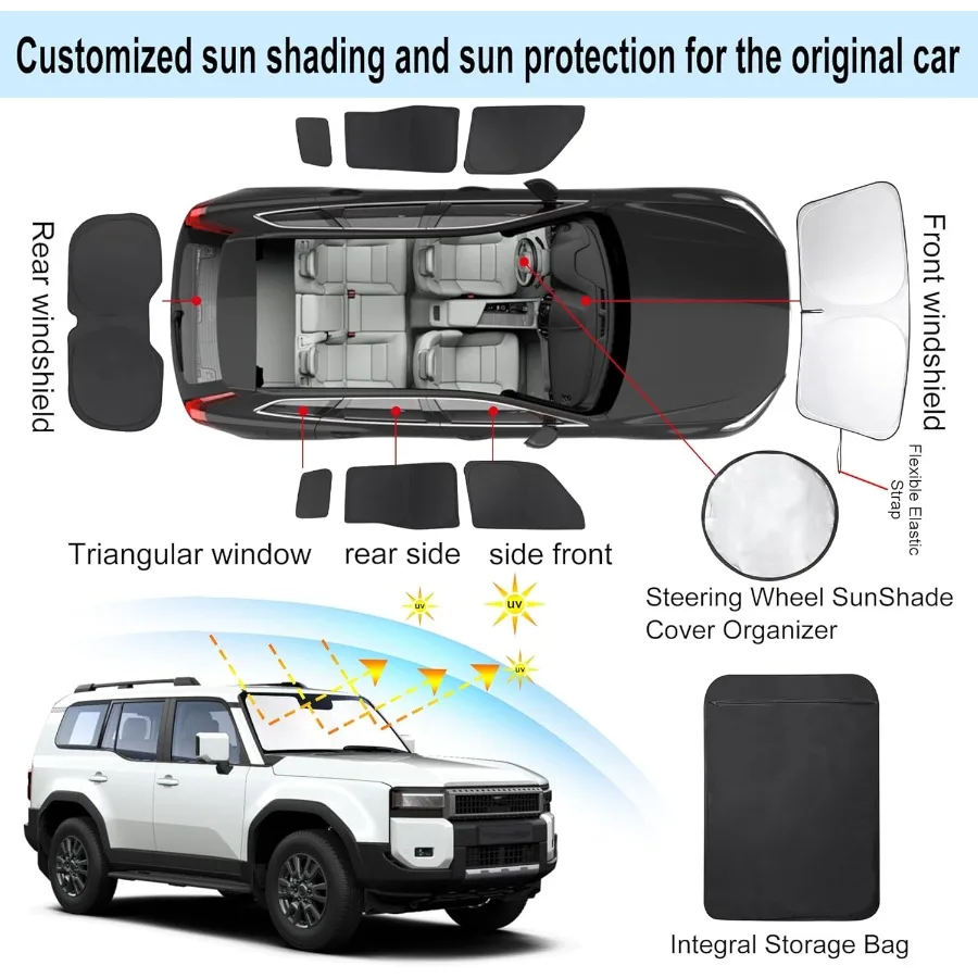 8PCS Windshield Sun Shade Custom Fit for 2024 2025 2026  Land Cruiser Prado 250 Accessories Foldable Sunshade Side Rear Window
