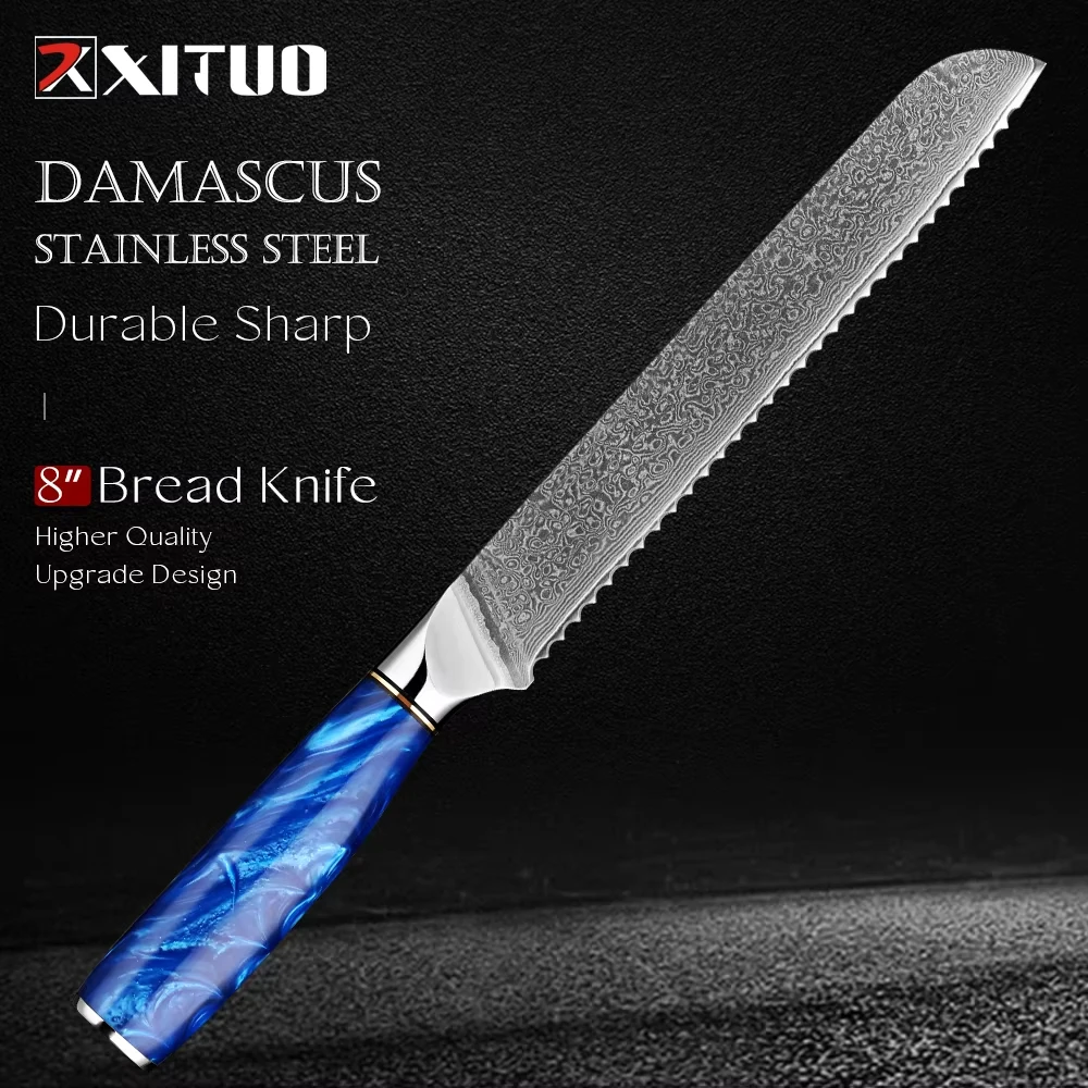 XITUO 8 Inch Pro Bread Knife Japanese Damascus Steel, Ergonomic Resin Handle,Premium Kitchen Knife for Slicing,Baking,and Pastry