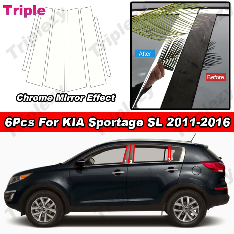 

6Pcs Glossy Chrome PC Material Car Door Window Pillar Posts Panel Trim Sticker Auto B C Column For KIA Sportage SL 2011-2016