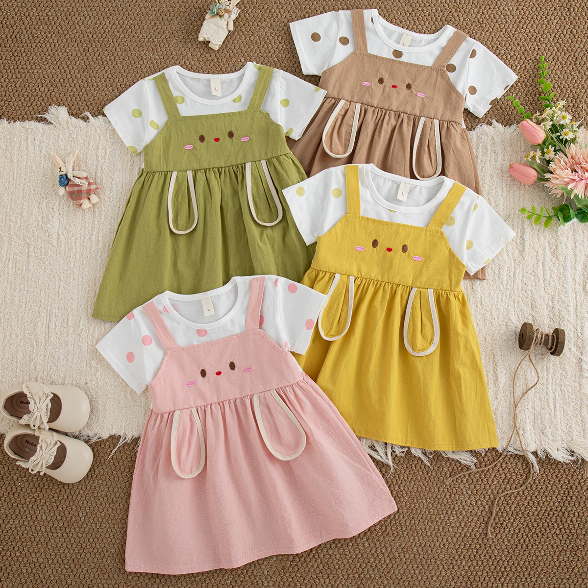 فستان بناتي قطني وردي منقط بتصميم أرنب لطيف بأكمام قصيرة فستان بناتي صيفي كاجوال يومي