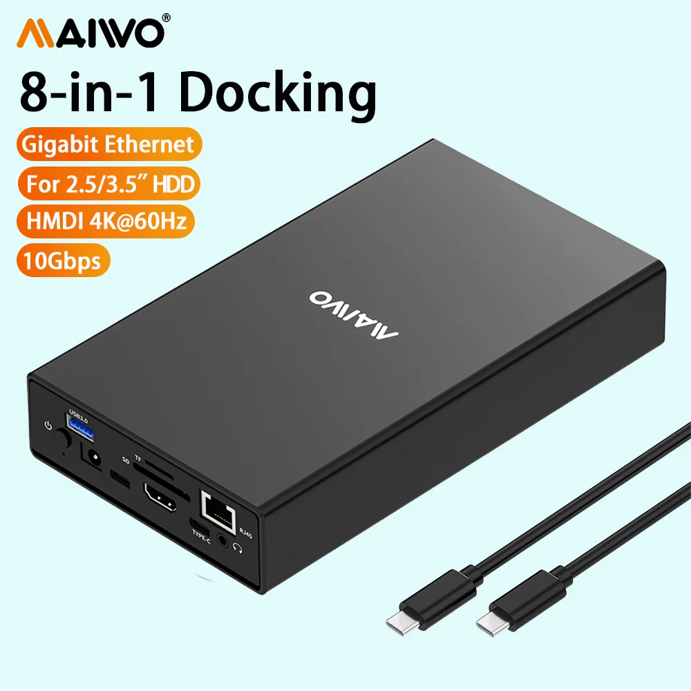 

Док-станция MAIWO 8-в-1 USB-C с поддержкой 10 Гбит/с для HDD 2.5''/3.5'', HDMI 4K@60Hz, SD/TF, RJ45 1000 Мбит/с Ethernet, аудиовыход 3.5 мм, USB-хаб
