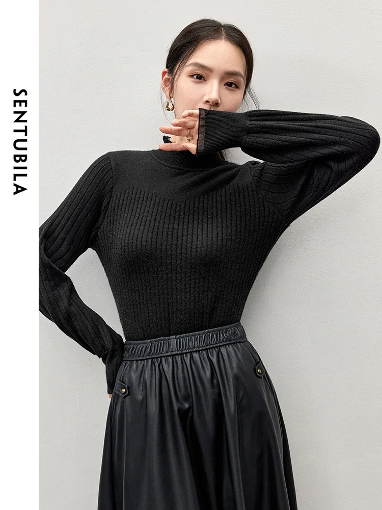 

SENTUBILA Luxury Sweater Woman 2025 Winter Comfort Knitted Black Pullovers Mock Neck Thick Tops Commuting Warm Sweater W44E56588