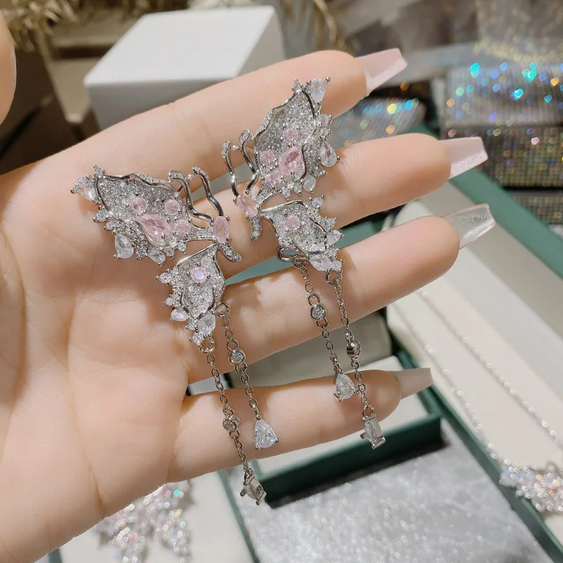 

MDLFES Moissan Diamonds Style Super fairy butterfly tassel ear clips for women without ear holes earrings ear bone clip