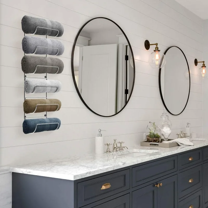 Support mural pour porte-serviettes – 6 compartiments en métal argenté, pour ensembles de décoration de salle de bain, organisateur pour linge de bain, salle de sport, R