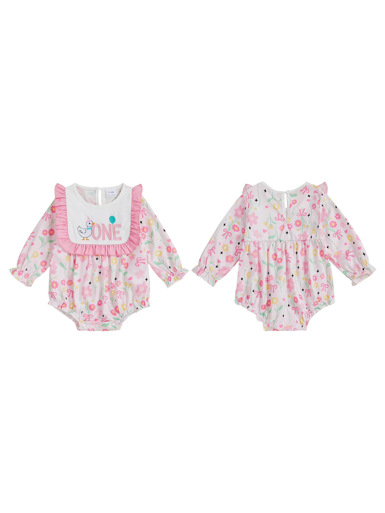 

Infant Girl s Birthday Romper with Long Sleeves and Round Neckline Featuring Embroidered Goose Letter Detail - Perfect Fall