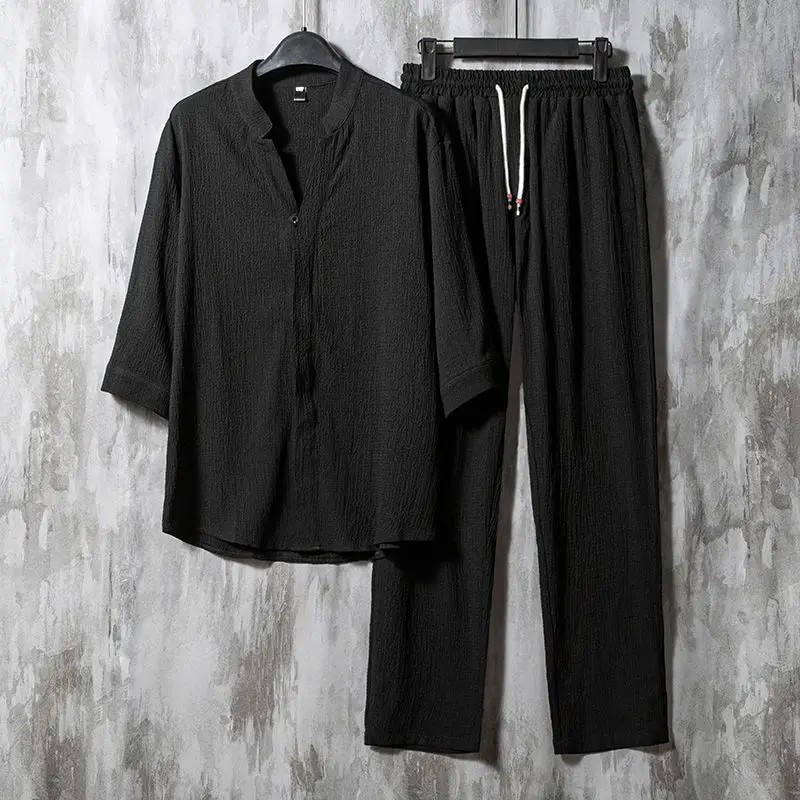 Men Outfit Set Ultrathin Ice Summer Breathable Shirts Long Pant Suits Solid Color Casual Loose Cotton Linen Two Piece Set