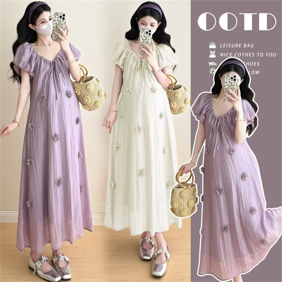 

summer maternity dress 2025 features a gentle V-neck and a three-dimensional floral long dress with a summer feel for women
