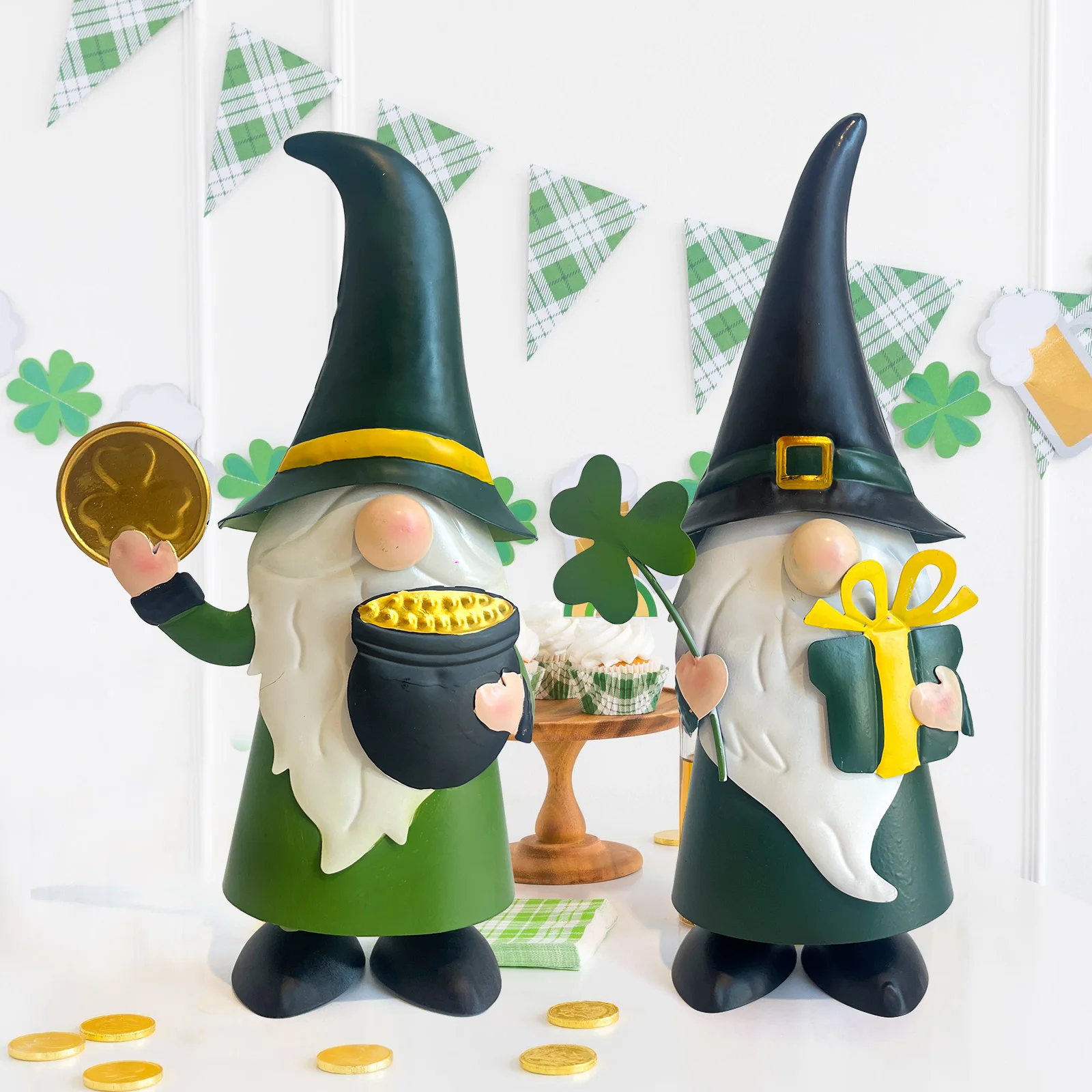 Outdoor Green Gnomes, Metal Gnomes Figurine Irish Leprechaun St Patricks Day Decor, Luck Shamrock Gnome for Home Outside Garden