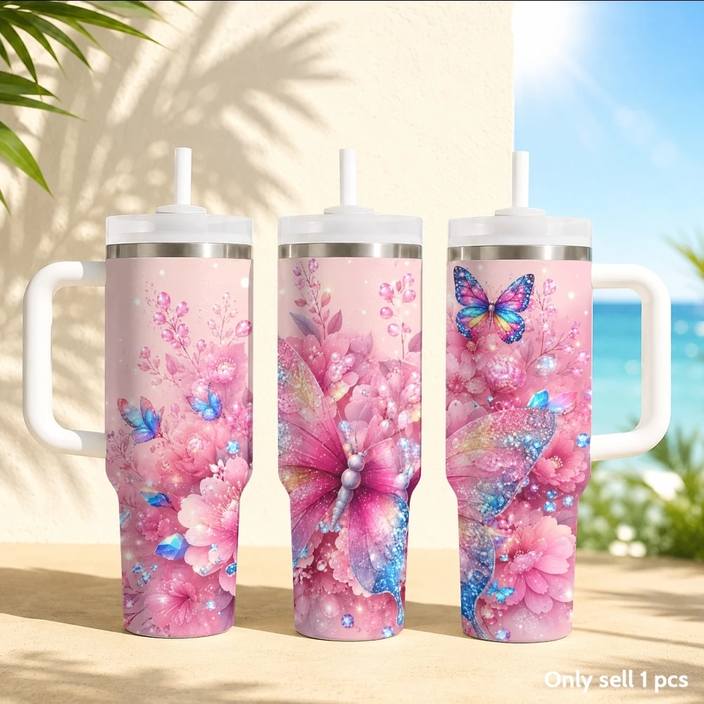 Art Pink butterfly Vacuum Flasks 40oz Stainless Steel Insulated Tumbler with Handle & Straw Leakproof Travel Mug