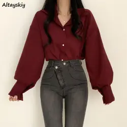 Minimalistische Shirts Lantaarn Mouw Vrouwen Kantoor Dame Mustache Tops Pure Kleur Harajuku Elegant Casual Koreaanse S-3XL Mode Kleding